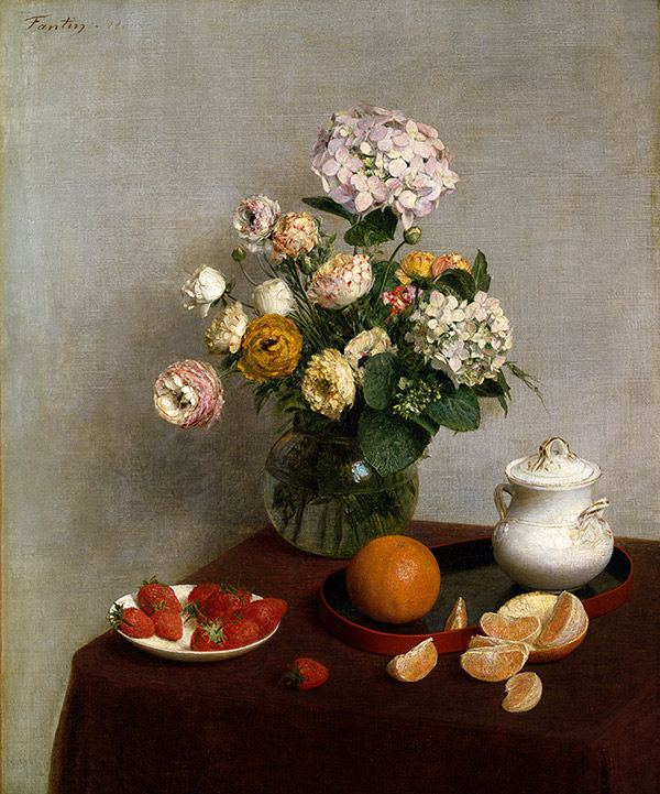 click to enlarge "Flowers and Fruit" by Henri Fantin-Latour